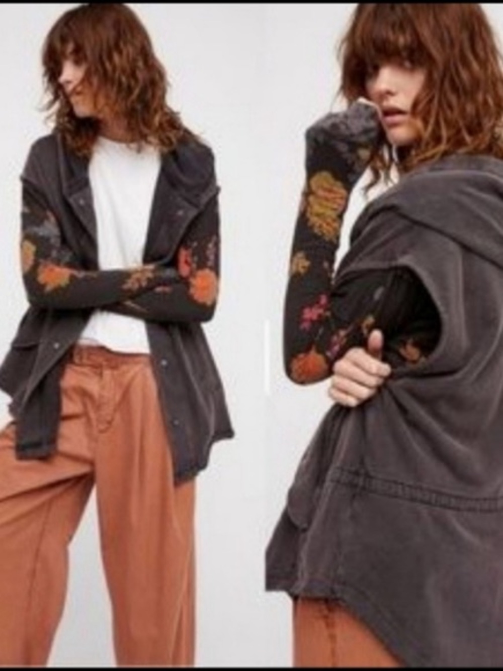 Free People Just Like That Floral Sleeve Hooded Cardigan Vest Large – Washed Bla
